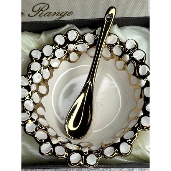 Hi Luxe Japan Designer Range 2 Pc Bowl Spoon Set White Gold Trim Tableware NOS - Picture 4 of 8